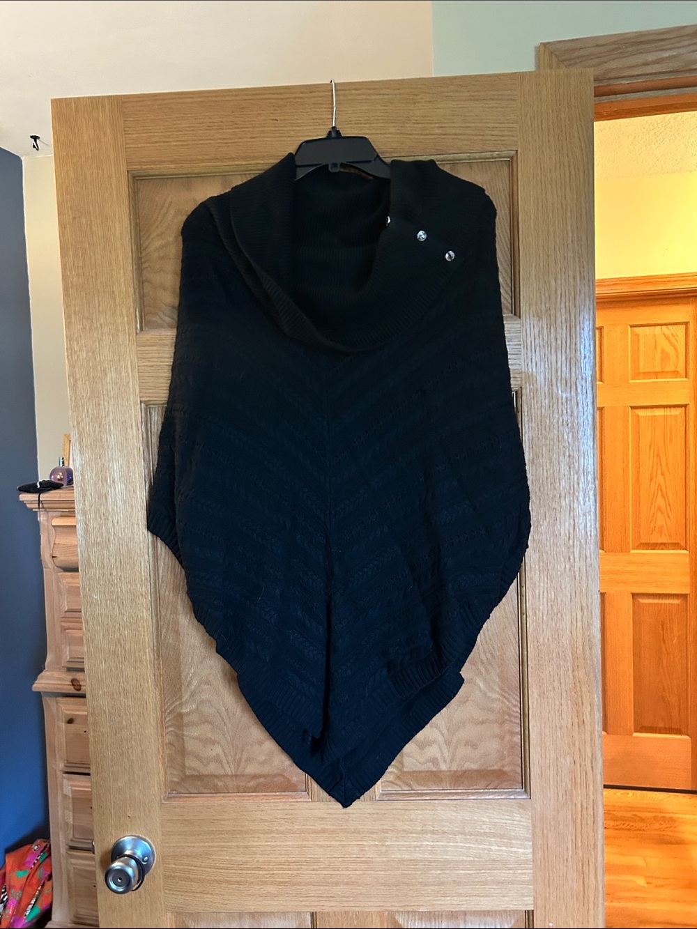 White House Black Market Black Knit Poncho with Button Detail
